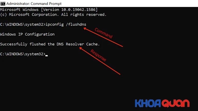 Gõ lệnh ipconfig /flushdns để xóa các cache DNS lỗi