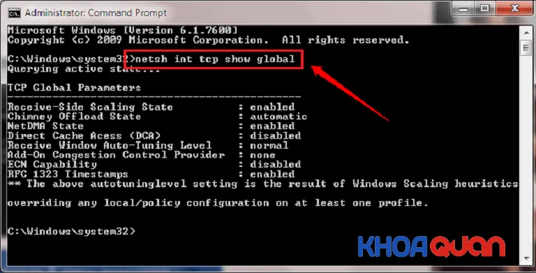 Nhập lệnh netsh int tcp set heuristics disabled