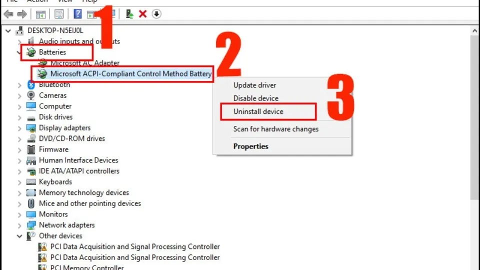Gỡ Battery Driver trong Device Manager để Windows tự cài lại driver mới