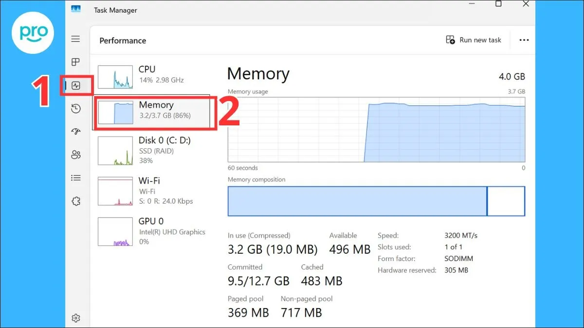 Nhấn Ctrl + Shift + Esc, chọn tab Performance, chọn Memory
