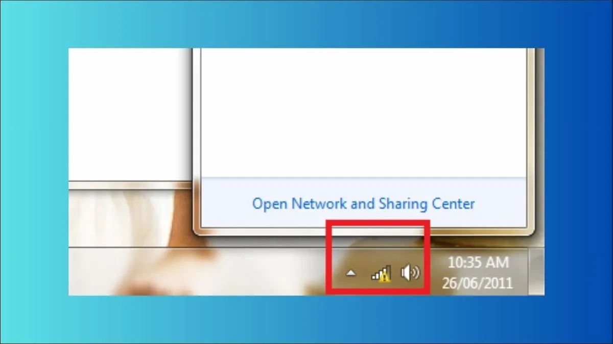 Biểu tượng wifi trên thanh taskbar có dấu chấm than vàng khi laptop không tìm thấy wifi