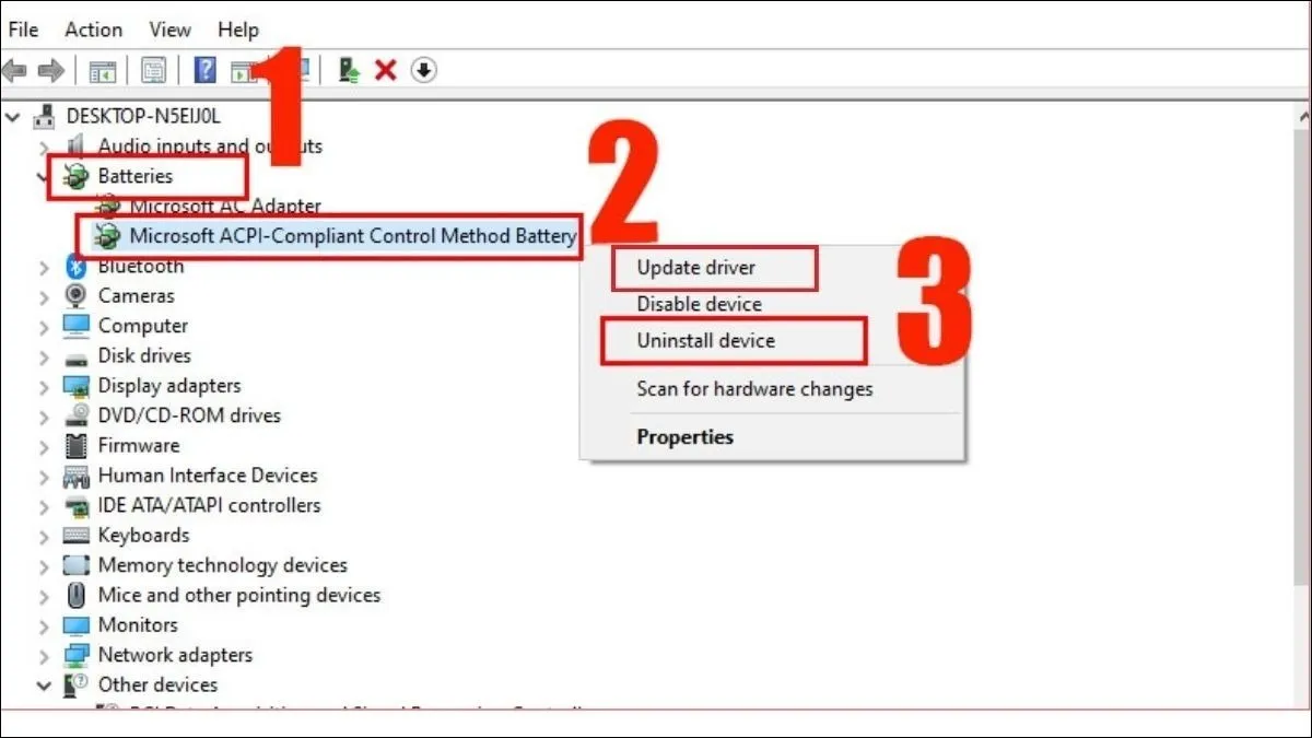 Gỡ cài đặt driver pin trong Device Manager