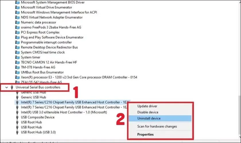 Nhấp chuột phải vào USB Root Hub và chọn Update driver