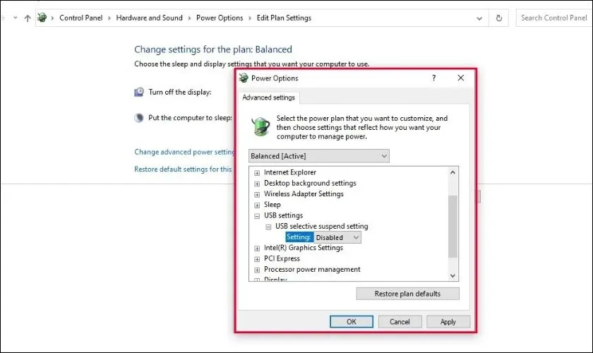 Tắt USB selective suspend setting trong mục Power Options