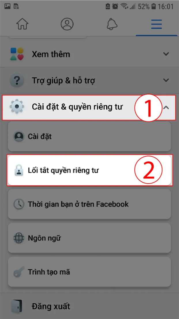 Nhấn chọn cài đặt và lối tắt quyền riêng tư