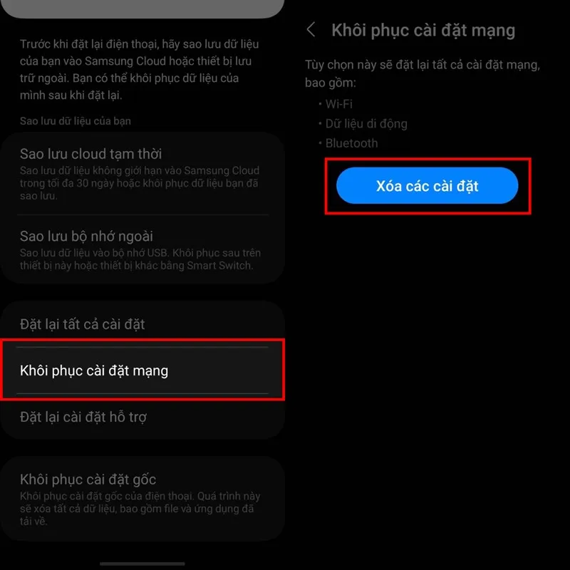 Xác nhận đặt lại cài đặt mạng