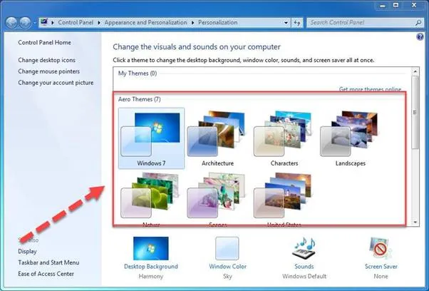 Lựa chọn các bộ chủ đề có sẵn trong thư viện Windows 7