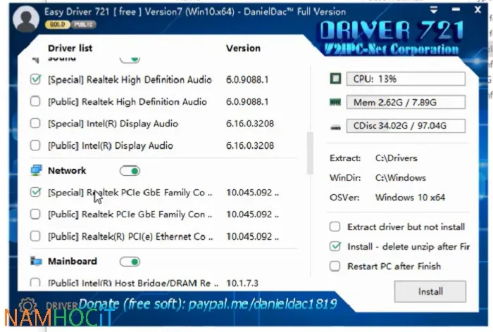Lựa chọn các trình điều khiển cần thiết và nhấn nút bắt đầu cài đặt
