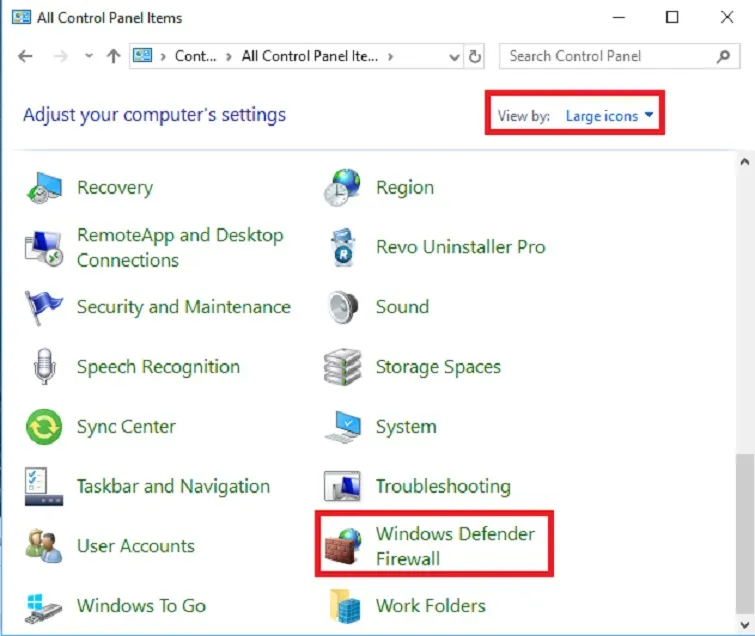 Lựa chọn chế độ hiển thị Large icons trong cửa sổ cấu hình