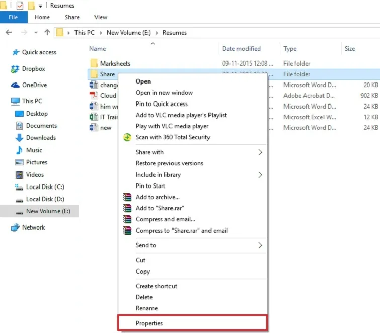 Lựa chọn thư mục và mở cửa sổ Properties để thiết lập