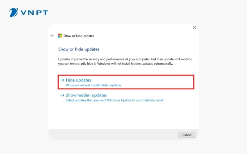 Lựa chọn tính năng Hide Updates để liệt kê danh sách các bản vá cần ngăn chặn