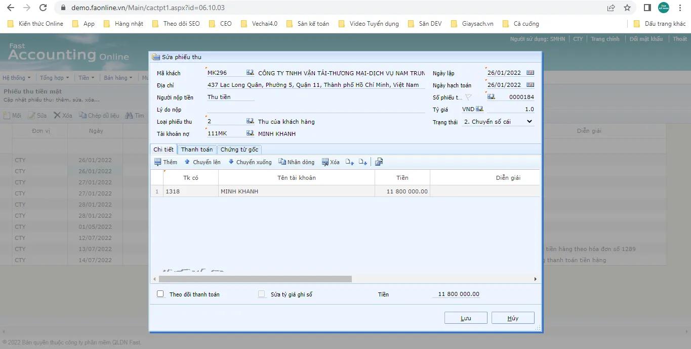 Màn hình cập nhật phiếu thu phần mềm kế toán Fast Online
