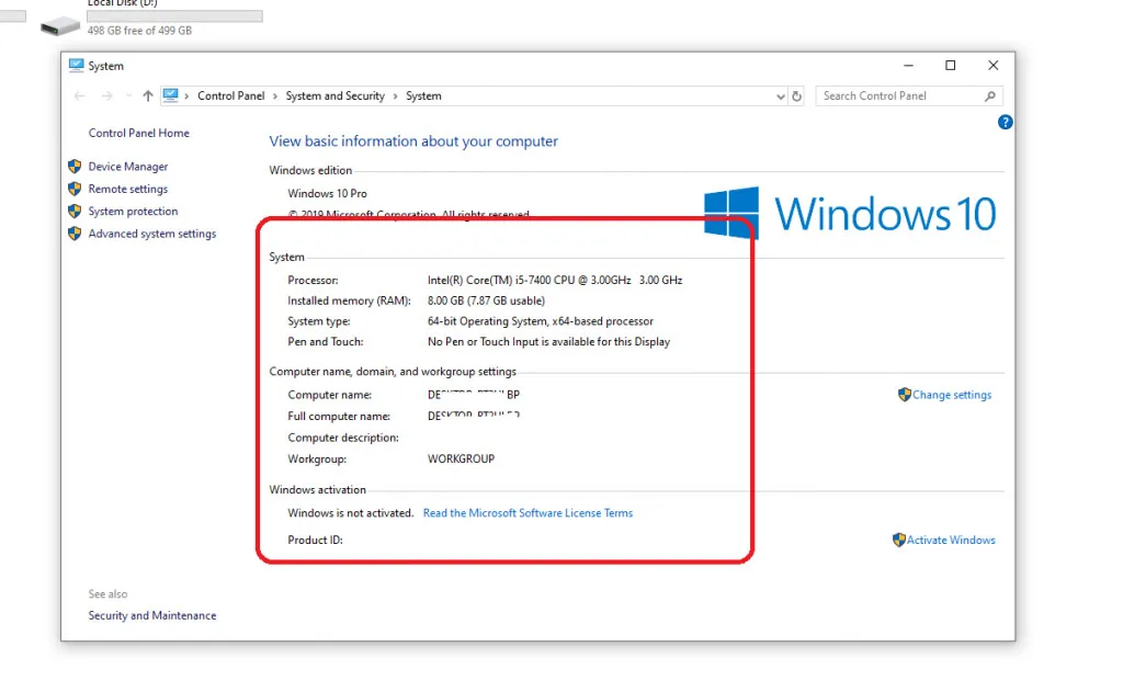 Màn hình hiển thị đầy đủ thông số RAM và phiên bản Windows đang hoạt động trên máy