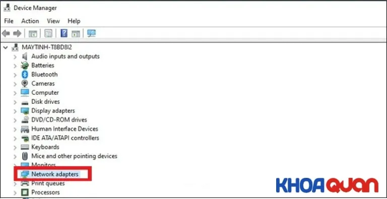 Mở danh sách Network Adapters trong trình quản lý thiết bị Device Manager