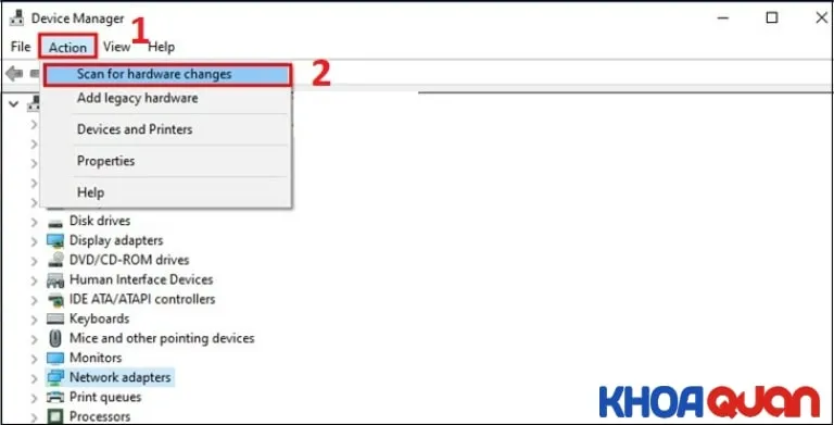 Quét lại thay đổi phần cứng để máy Dell nhận diện lại Card WiFi