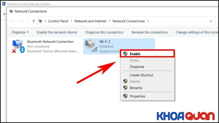 Nhấn Enable để kích hoạt lại card WiFi khi bị vô hiệu hóa