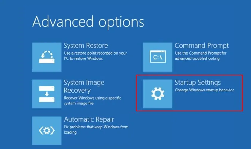 Tại giao diện Advanced Options bạn chọn vào Startup Settings