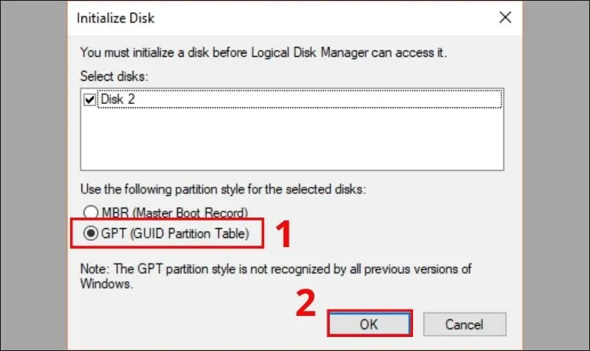 Chọn kiểu phân vùng GPT