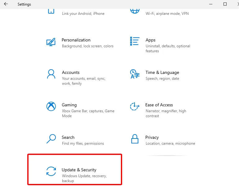 Truy cập mục Update và Security để quản lý trạng thái bản quyền hệ thống
