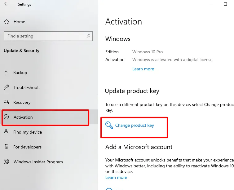 Tìm đến dòng Change product key trong menu Activation
