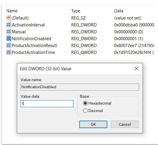Thay đổi dữ liệu giá trị từ 0 thành 1 để tắt thông báo kích hoạt