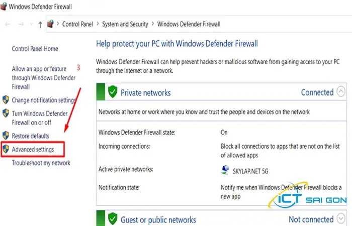 Mở cài đặt nâng cao để chặn phần mềm kết nối internet bằng firewall win 10