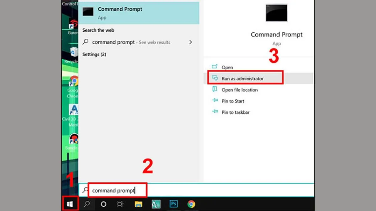 Mở Command Prompt với quyền quản trị cao nhất để thực thi lệnh