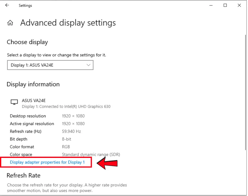 Mở cửa sổ Display adapter properties để can thiệp vào cấu hình phần cứng của card màn hình