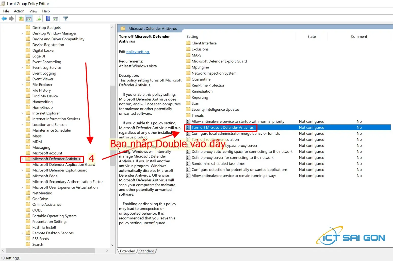 Mở khóa chính sách Turn off Windows Defender Antivirus