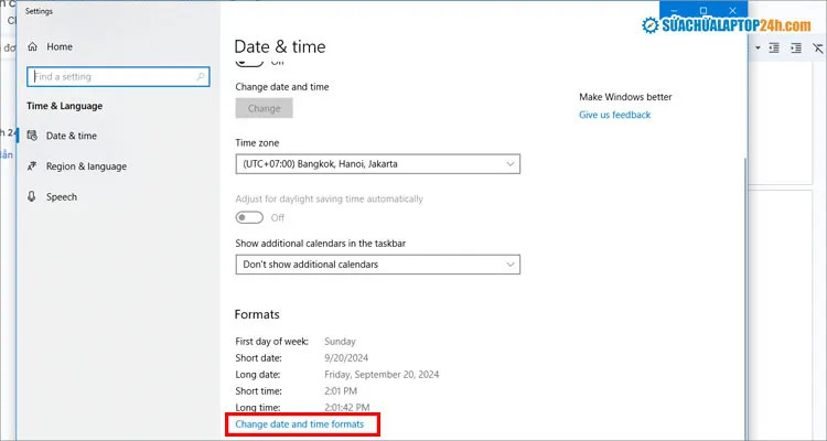 Mở liên kết Change date and time formats để bắt đầu cấu hình lại