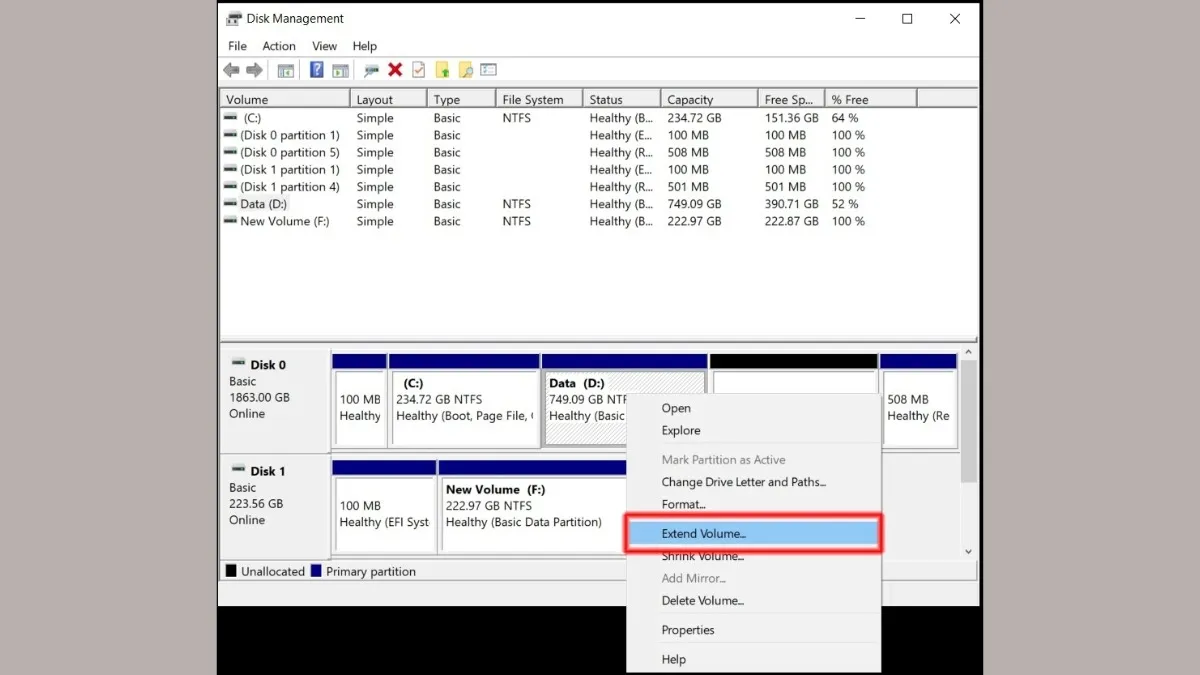 Mở rộng dung lượng phân vùng chính bằng lệnh Extend Volume