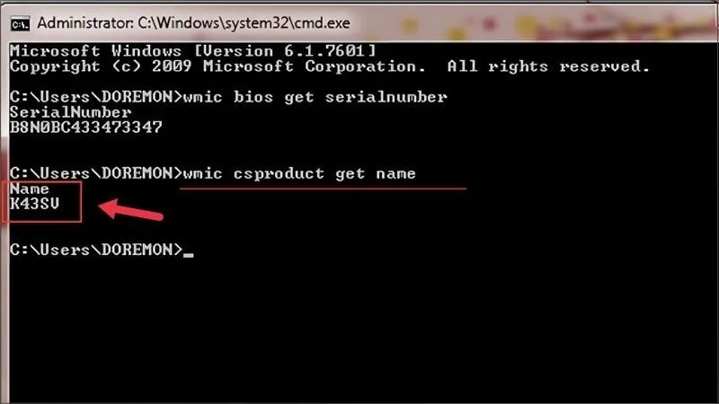 Kết quả lệnh wmic csproduct get name hiển thị model máy