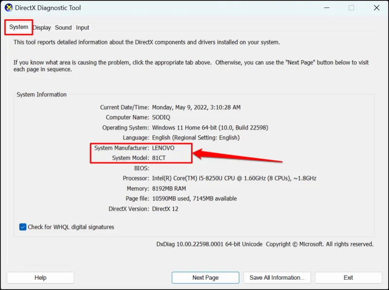 Công cụ DirectX Diagnostic hiển thị model tại tab System