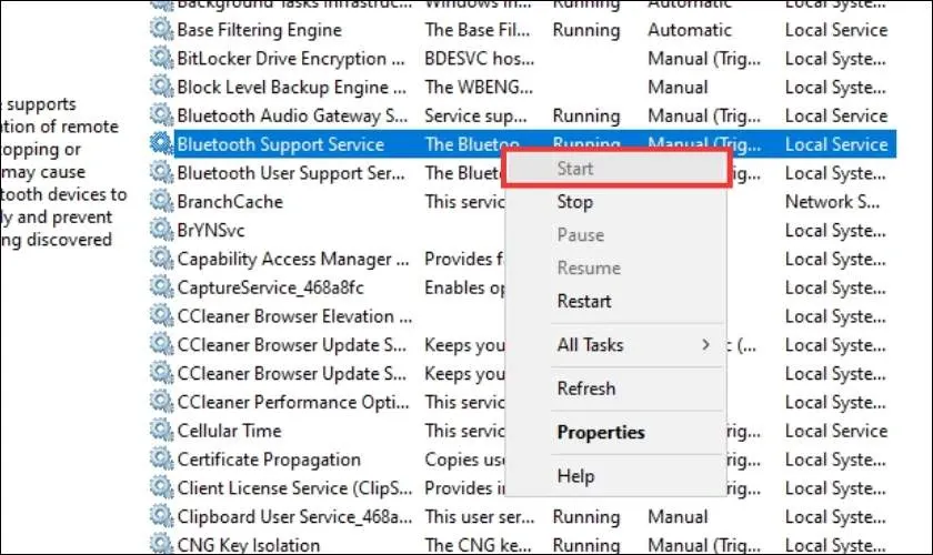 Khởi động Bluetooth Support Service