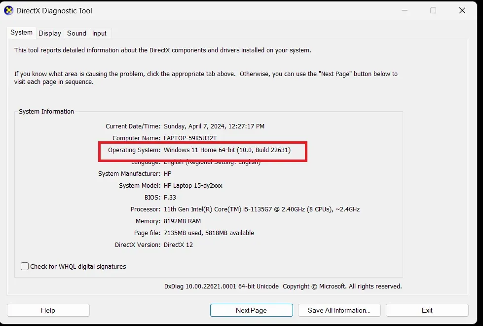 Mục Operating System cho biết máy tính Win mấy