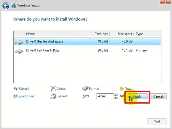 Nhấn Apply để xác nhận dung lượng phân vùng mới