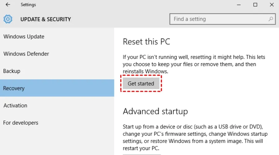 Nhấn chọn nút Get started để bắt đầu quy trình reset hệ điều hành Windows 10 trên máy tính