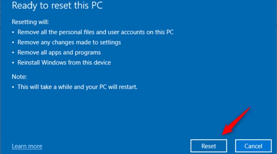 Nhấn chọn Reset nếu bạn đã kiểm tra kỹ lưỡng mọi thông tin trước khi thực hiện cài lại