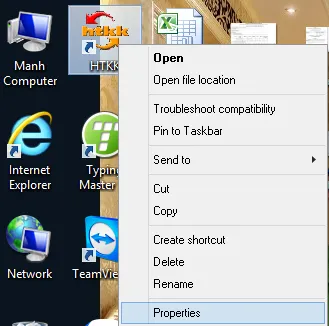 Nhấn chuột phải vào biểu tượng phần mềm trên màn hình để chọn thuộc tính cài đặt