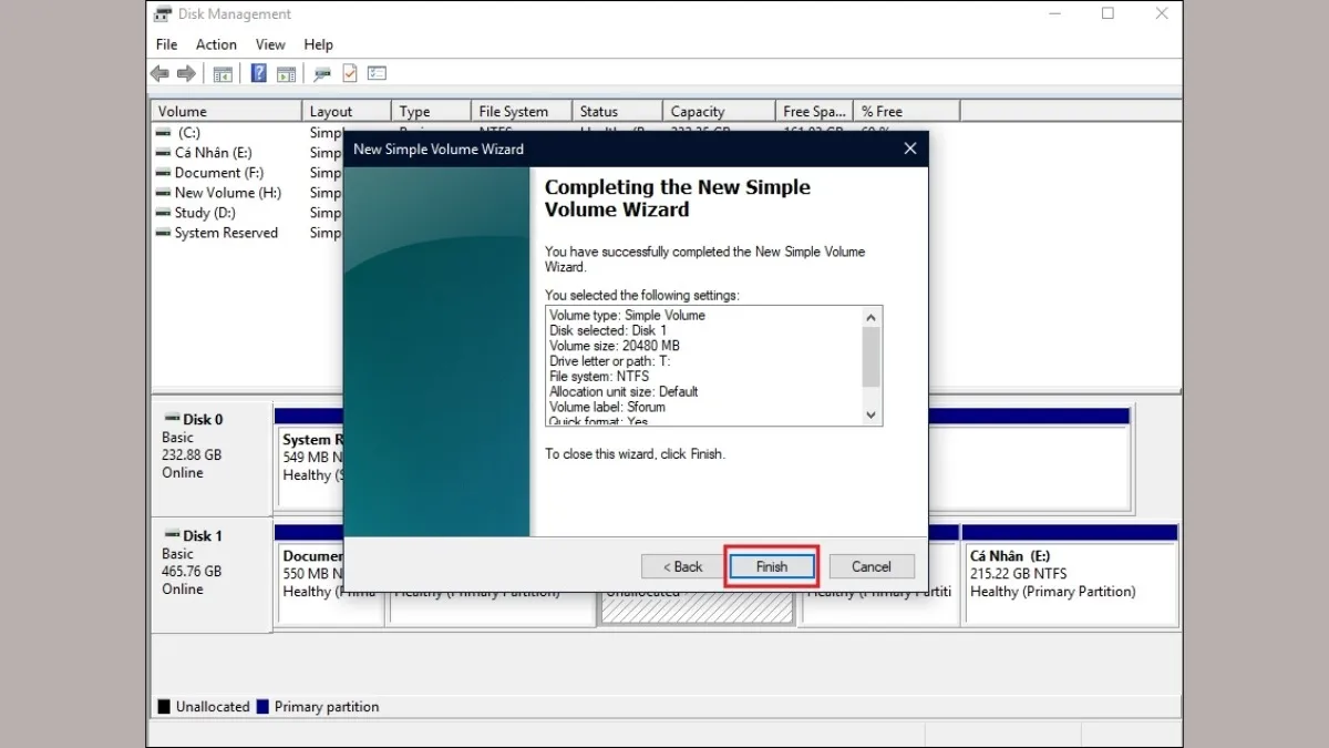 Nhấn Finish để hoàn tất quy trình cách chia ổ đĩa trên win 10