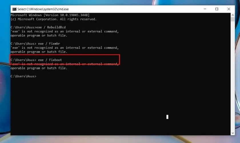 Nhập câu lệnh exe / Fixboot và nhấn Enter