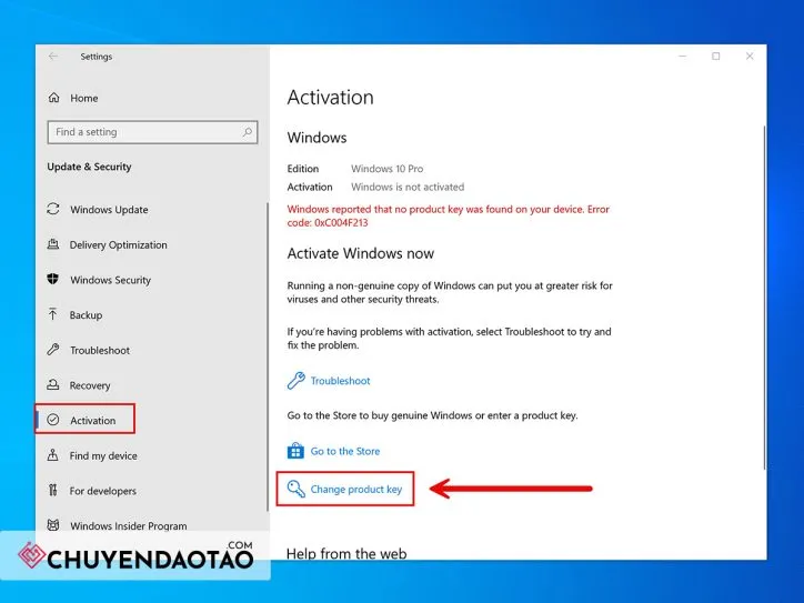 Nhập chuỗi ký tự key win 10 pro bản quyền vào ô trống xác thực