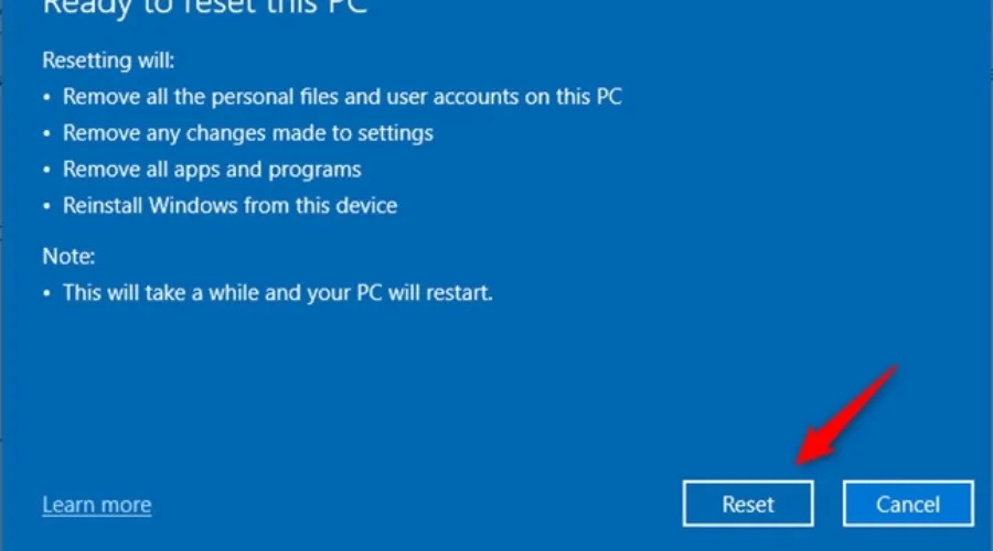 Nhấp chuột chọn tùy chọn bạn mong muốn để tiếp tục quy trình cài đặt lại Windows 10