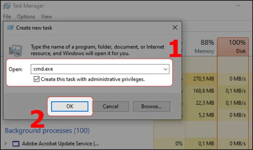 Nhập cmd.exe, tích vào ô chọn bên dưới để mở Command Prompt
