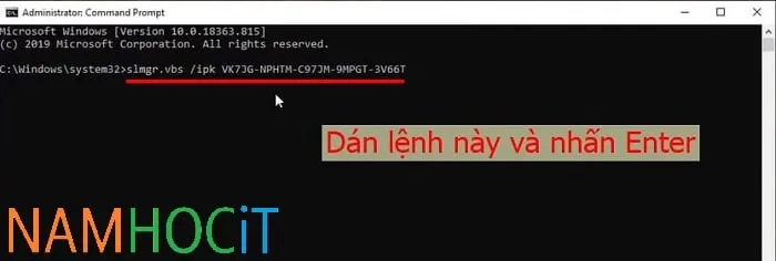Nhập dòng lệnh nạp khóa sản phẩm vào cửa sổ CMD để bắt đầu kích hoạt