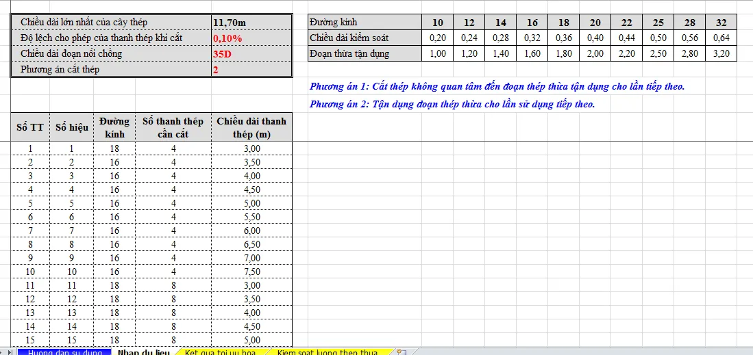 Giao diện nhập dữ liệu detail thép trong Excel, cho phép nhập thông số cấu kiện và tự động tính toán chiều dài thép