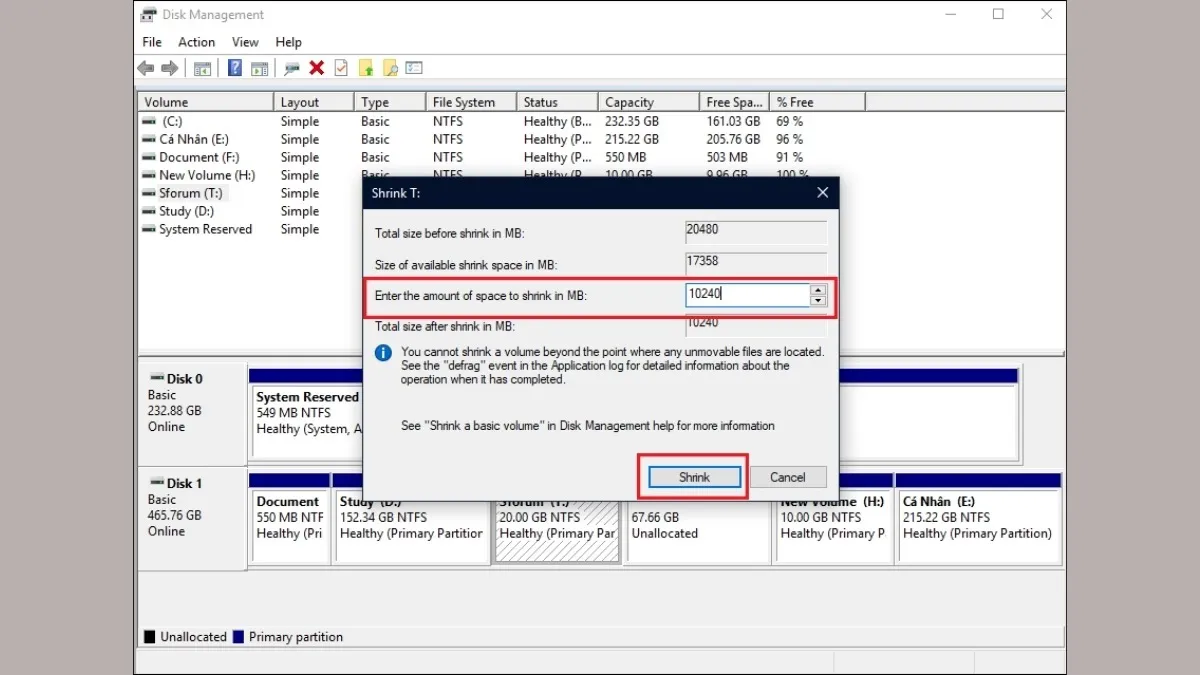 Nhập dung lượng cần chia cho ổ đĩa mới trên Windows 10