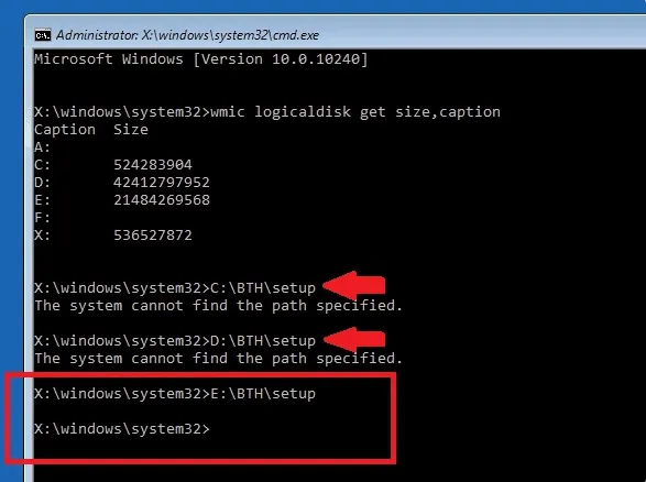 Nhập lệnh điều hướng đến file setup trong thư mục BTH