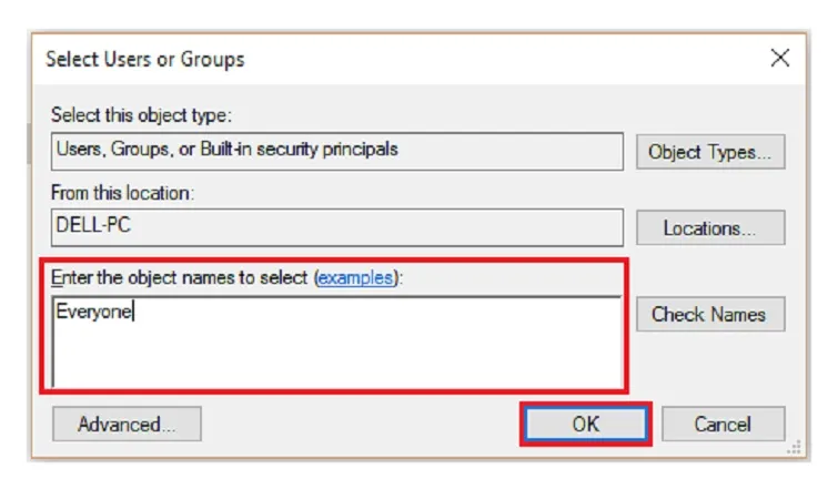 Nhập tên Everyone và kiểm tra tính hợp lệ của đối tượng