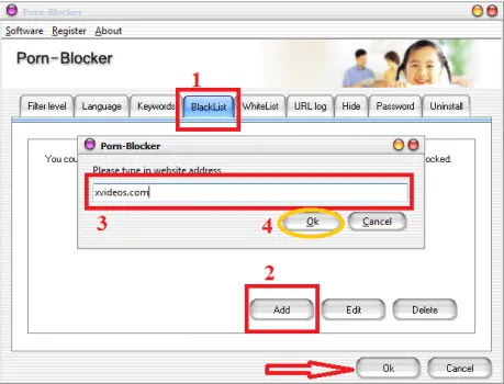 Giao diện nhập từ khóa và blacklist của Porn Blocker